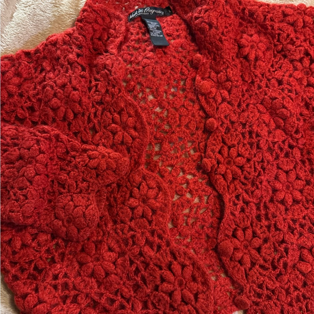 🧶🧶🧶VINTAGE🧶🧶🧶 Work in Progress🧶🧶🧶Red Crochet Cardigan🧶🧶🧶Size L🧶🧶🧶